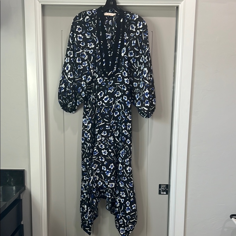 Tory Burch Blue Maxi Dress with Long Bishop Sleeves and V-Neck